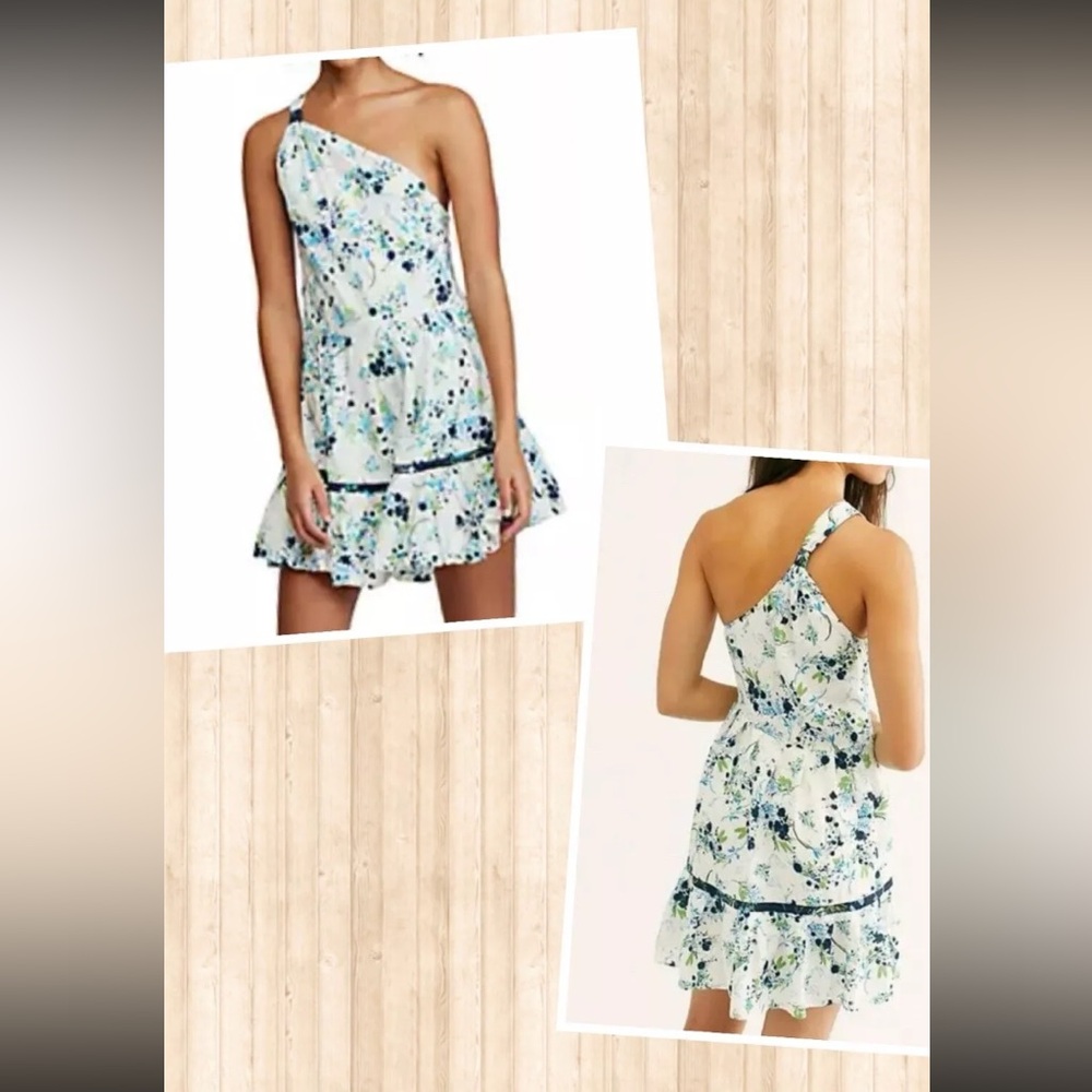 NWT Free People Size L  All Mine Sun Mini Dress White Blue Floral One Shoulder